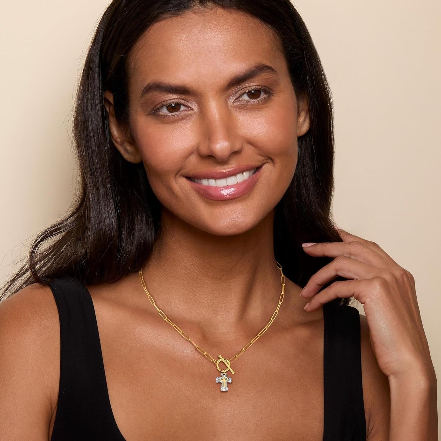 Cross Necklace for Women Trendy -14K Gold Plated Chunky Gold Silver Cross Pendant Necklace Waterproof Non Tarnish Jewelry Christian Gift for Women