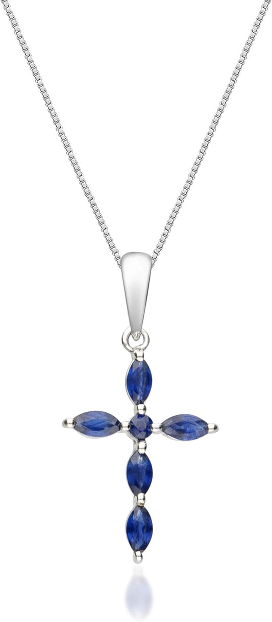 10K White Gold Cross Pendant Genuine Blue Sapphire Diamond (I1,I2) Pendant for Women - WORLD TIME VISITS