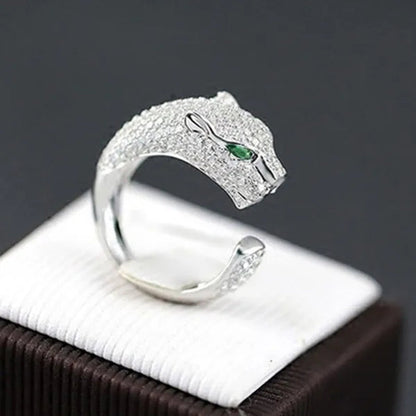 Personality 925 Sterling Silver Plated Jaguar Rings with Green Rhinestone Eyes Animal Fashion Costume Rings for Men and Women