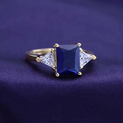 14K Gold Plated 925 Sterling Silver Emerald Cut Blue Sapphire with Trillion White Topaz Ring for Women Statement Jewelry, Mother'S Day Gift for Her