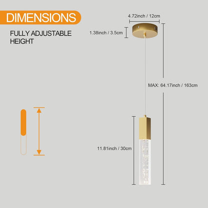 Brass Pendant Light for Kitchen Island Dimmable Integrated LED Pendant Light Gold Pendant Light with Crystal Modern Pendant Light for Bedroom Dinning Room Hallway (2-Pack)