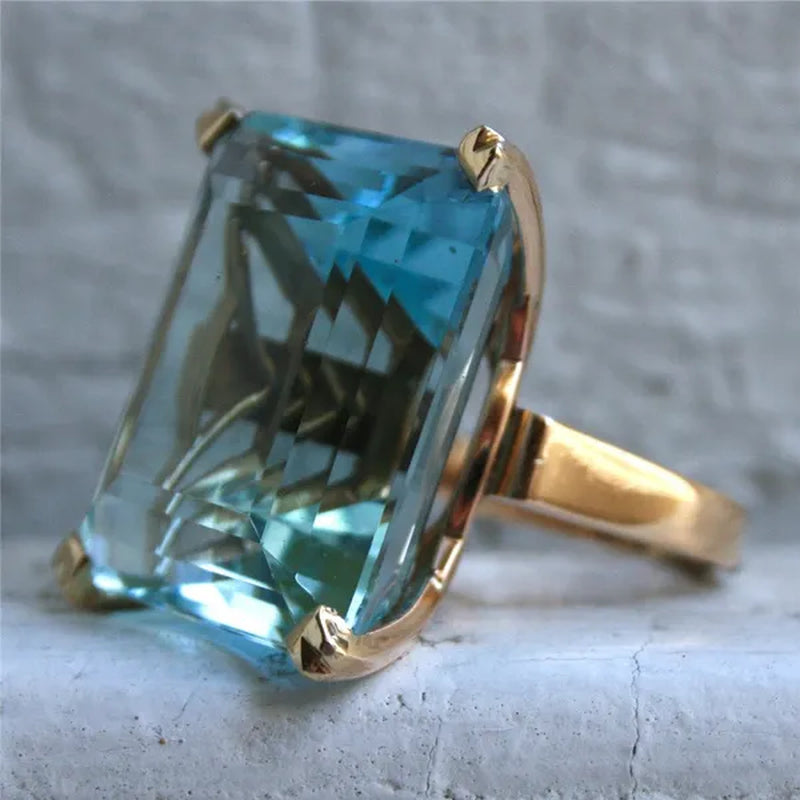 Natural Aquamarine Diamond Ring 14K Yellow Gold Women's Big Engagement Jewelry