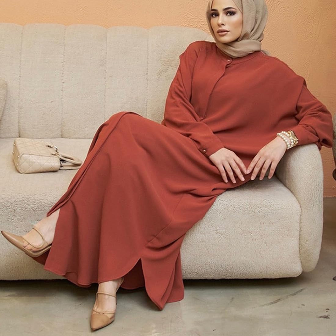 Muslim Dresses for Women Abaya Button down Henley Shirt Prayer Dress Batwing Long Sleeve Middle East Arabian Robe