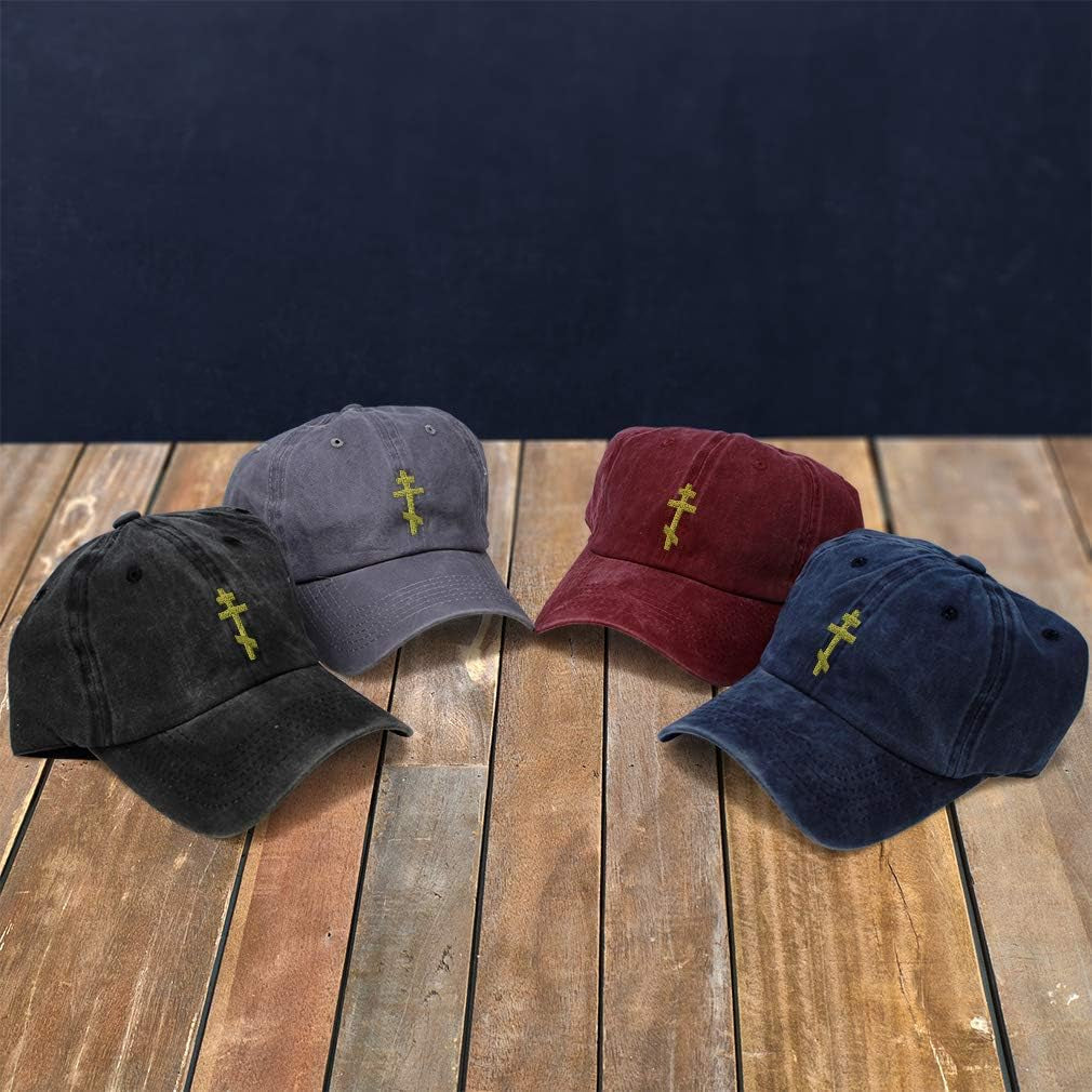 Vintage Washed Hat Russian Orthodox Cross Embroidery Cotton Dad Hats for Men & Women Buckle Closure Black Design Only