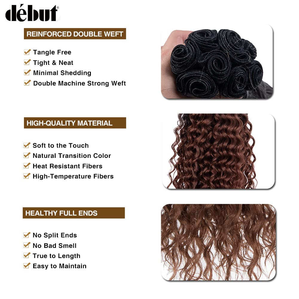 Water Wave 8 Bundles with Simple Closure Wavy Synthetic High Temperature Fiber Hair Weave 9PCS 20 Inch 240G (TT1B/30: Dark Roots Mixed Brown Color)