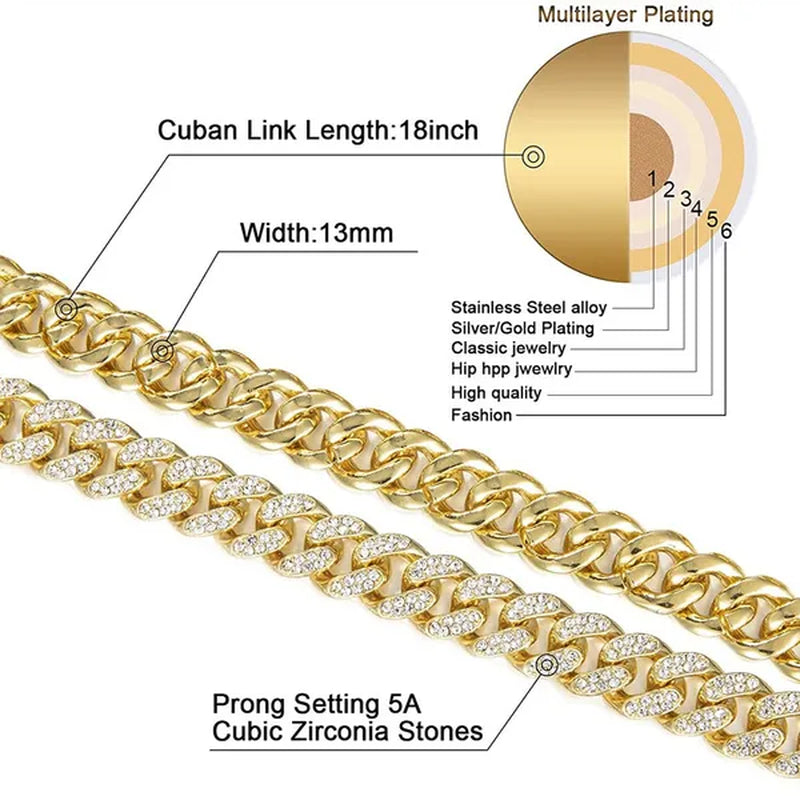 Iced Out Watch 18K Gold Diamond Miami Cuban Chain Link Choker Hip Hop Jewelry Gold Chain for Men Necklace Bracelet Ring Set