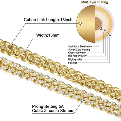 Iced Out Watch 18K Gold Diamond Miami Cuban Chain Link Choker Hip Hop Jewelry Gold Chain for Men Necklace Bracelet Ring Set