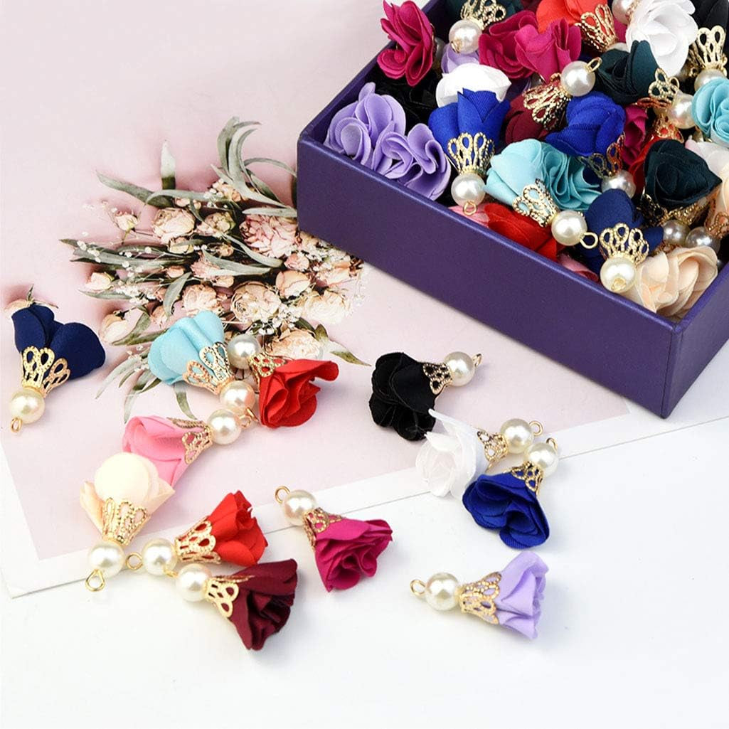 84 Pieces 12 Colors Fabric Flower Pendants Floral Cloth Tassel Jewelry Charms with Metal Caps for Earring Jewelry Making Key Chain DIY
