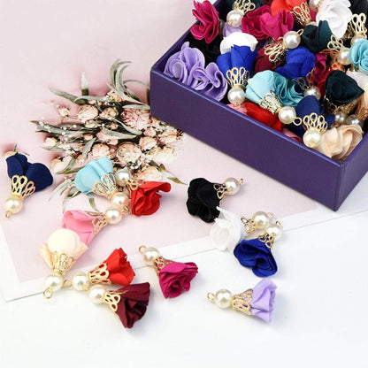 84 Pieces 12 Colors Fabric Flower Pendants Floral Cloth Tassel Jewelry Charms with Metal Caps for Earring Jewelry Making Key Chain DIY