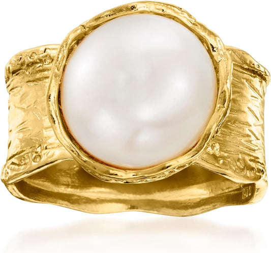 11.5-12Mm Cultured Button Pearl Ring in 18Kt Gold over Sterling - WORLD TIME VISITS
