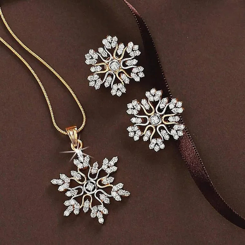 2Pcs/Set New Set of Jewellery Temperament Simple Full Diamond Snowflake Necklace Snowflake Earrings Valentine'S Day Gift