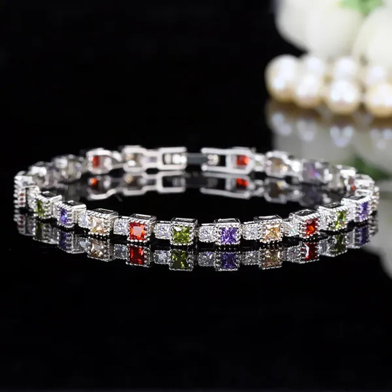 Gloriya Fashion Silver Color Elegant Charm Bangle Jewelry for Prom Women Simple Trendy Green CZ Crystal Square Tennis Bracelets