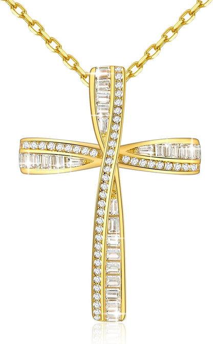 Cross Necklace for Women, 925 Sterling Silver 18K Gold Plated Cross Necklaces for Women, Cross Pendant with 5A Cubic Zirconia Diamond, Birthday Christmas Jewelry Gifts for Women Her Wife - WORLD TIME VISITS