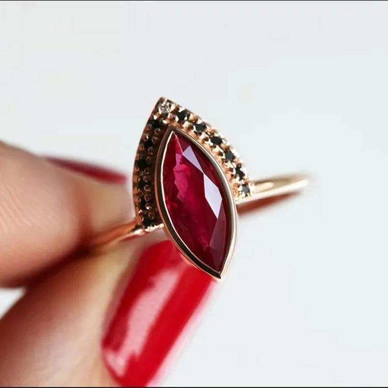 1PC Rose Gold Natural Rhombus 2 In 1 Ruby Engagement Ring Marquise Bridal Wedding Ring with Black Diamonds Women Ruby Ring Diamond Fine Jewelry