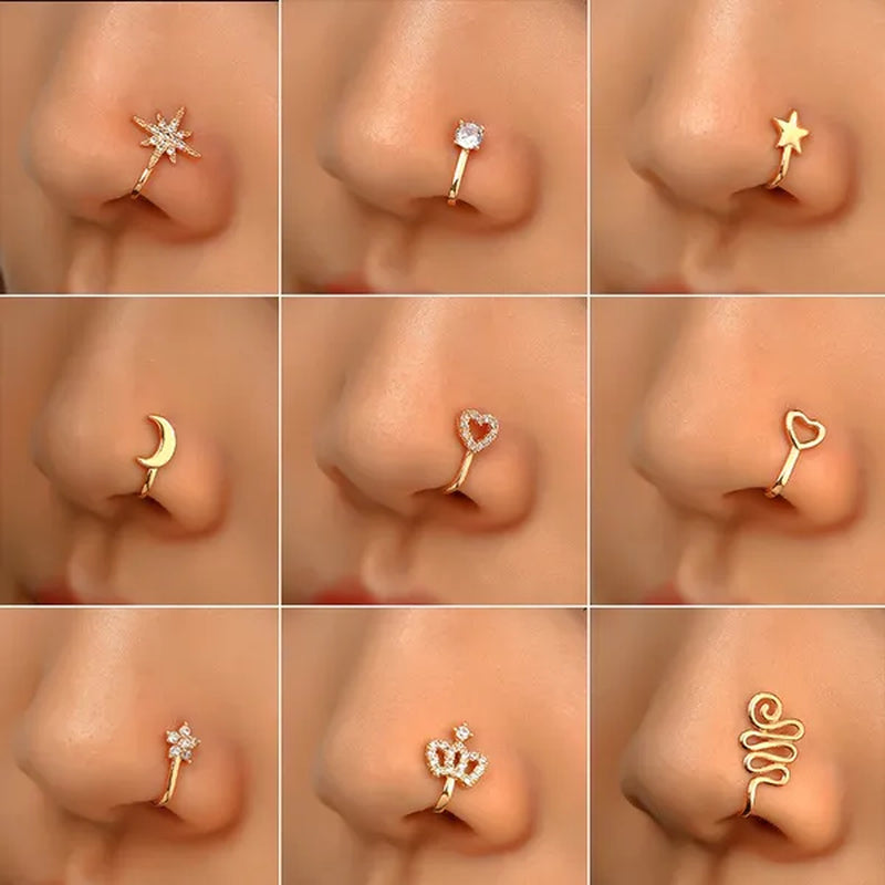 1 PC Crystal Diamond Zircon Star Heart Moon Fake Piercing Nose Ring Copper Spiral Non Piercing Clip on Nose Ring Ear Clips Cuff Fashion Body Jewelry - WORLD TIME VISITS