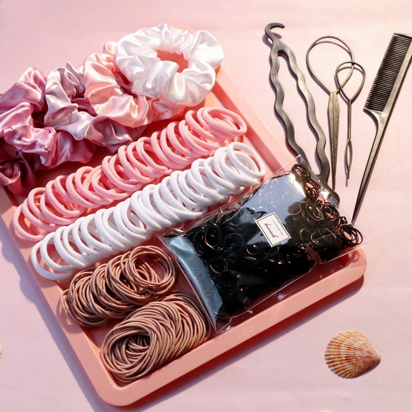Hair Accessories Set: 755PCS Seamless Ponytail Holders, Scrunchies, Hair Bands, and Hair Ties for Thick and Curly Hair (Gradient Powder)