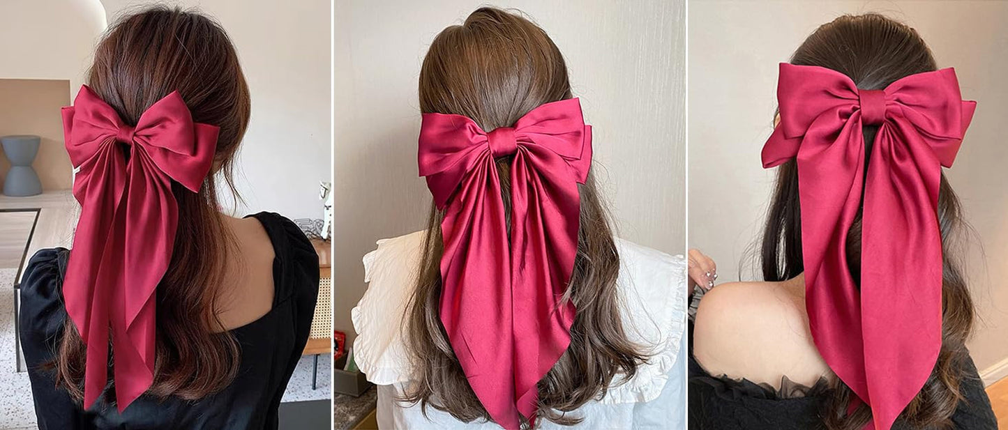 Hair Bows 2 PCS, Ribbon Bow for Women, Hair Ribbons, Oversized Long-Tail Cute Aesthetic Hair Accessories, Large Hair Barrettes for Women, Big Bows for Girls (Bright Red Wine Red)
