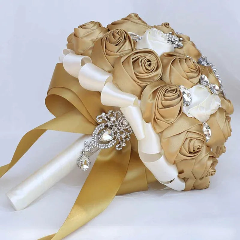Exquisitely Handmade Ribbon Diamond Bridesmaids Holding Flowers 21CM Pearl Rhinestone Brooch Bridal Bouquet Artificial Silk Rose Wedding Flower Bouquet