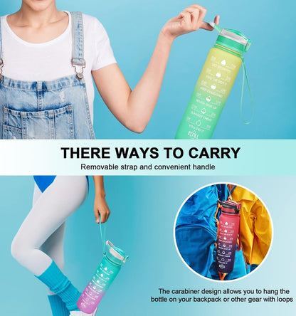 32Oz Leakproof Motivational Sports Water Bottle with Straw & Time Marker, Flip Top Durable BPA Free Non-Toxic Frosted Bottle Perfect for Office, School, Gym and Workout