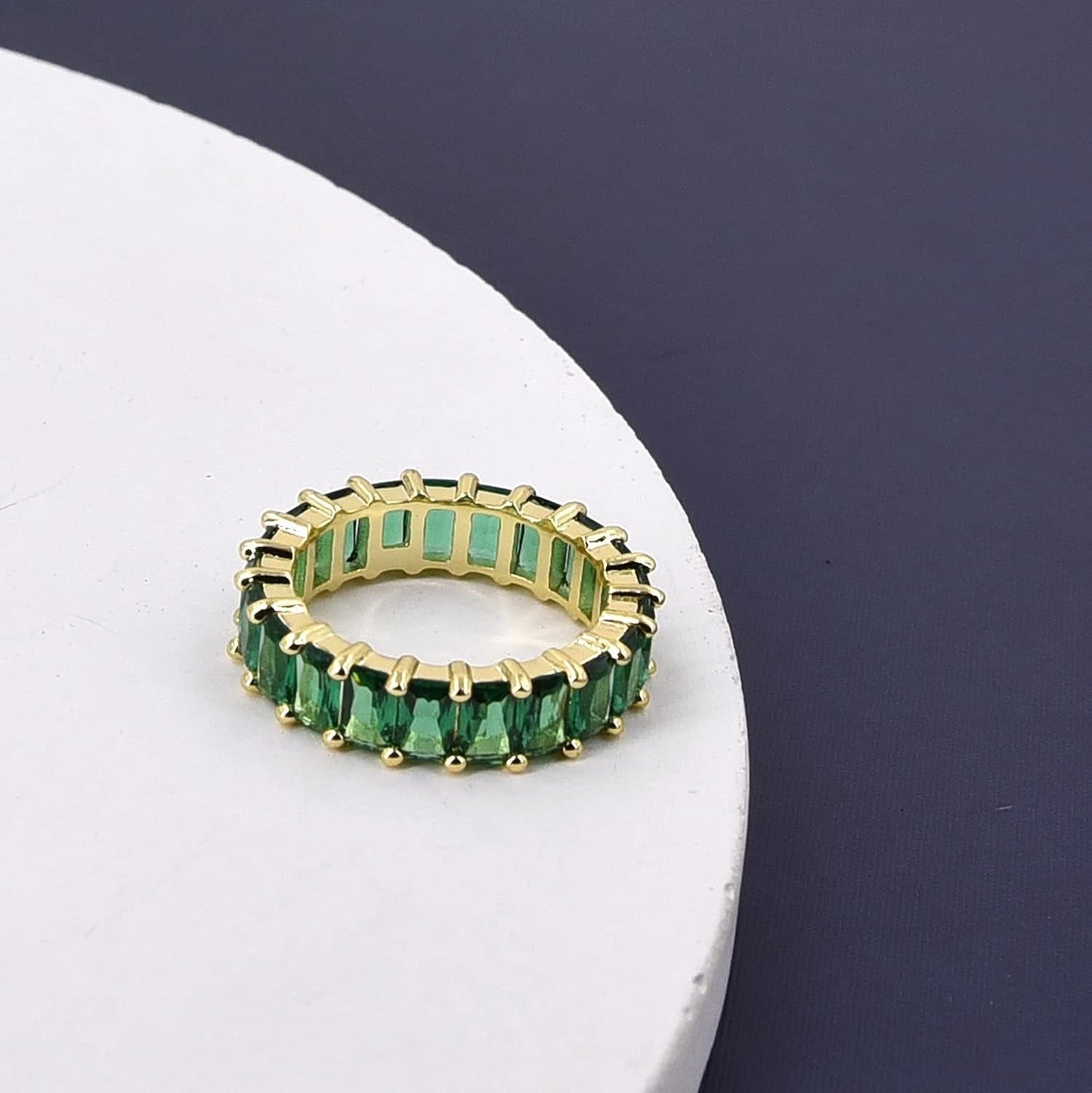 Green Emerald Band (5 Carat) 18K Gold Plated Claw Prong | Rectangle Emerald Cut Eternity Band CZ Ring