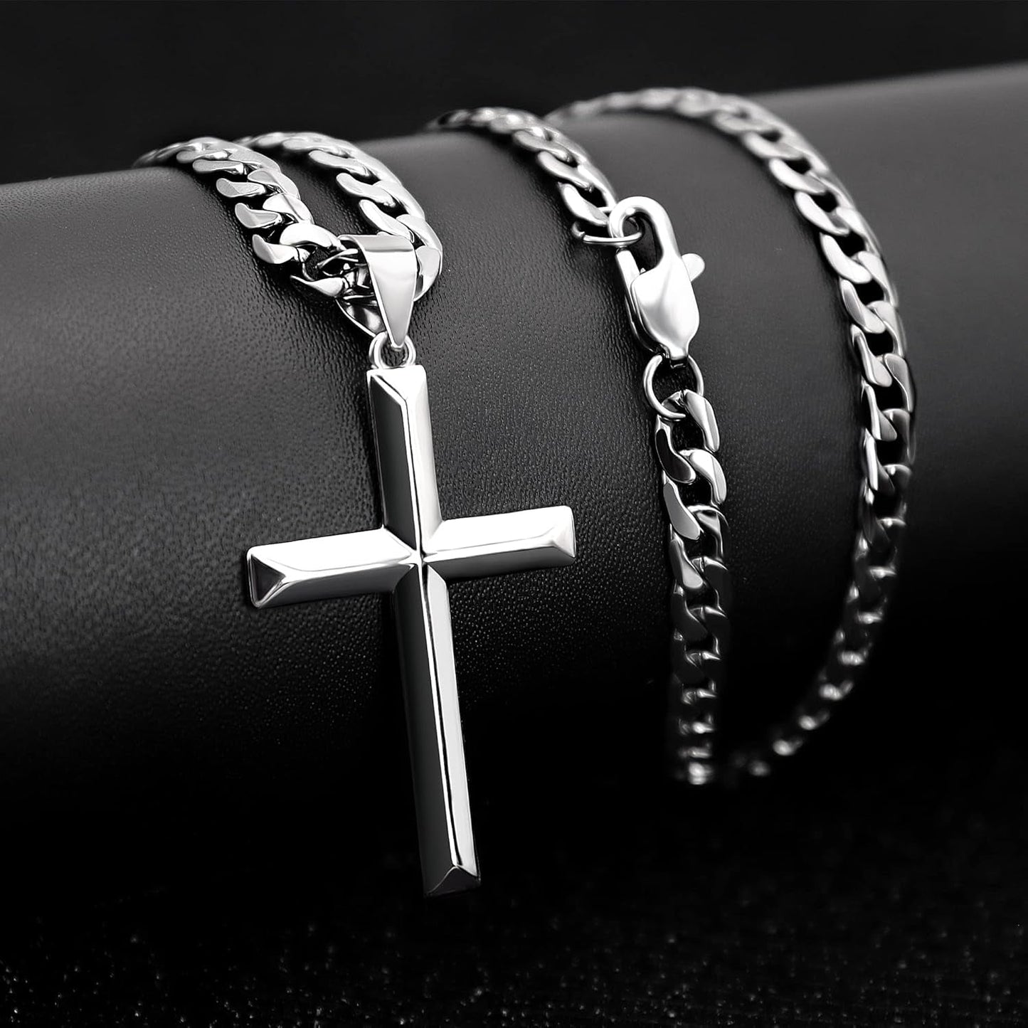 925 Sterling Silver Cross Necklace for Men Women with Stainless Steel Durable Cuban Link Chain Polished Beveled Edge Cross Chain Pendant Necklace Jewelry 16-28 Inches