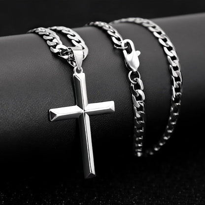 925 Sterling Silver Cross Necklace for Men Women with Stainless Steel Durable Cuban Link Chain Polished Beveled Edge Cross Chain Pendant Necklace Jewelry 16-28 Inches