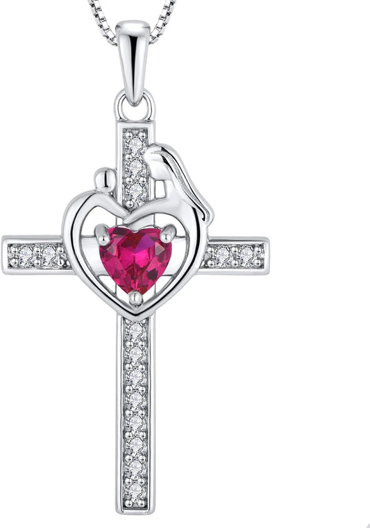 Mom Cross Necklace Sterling Silver Mother and Children Pendant Gemstones Crucifix Jewelry for Women