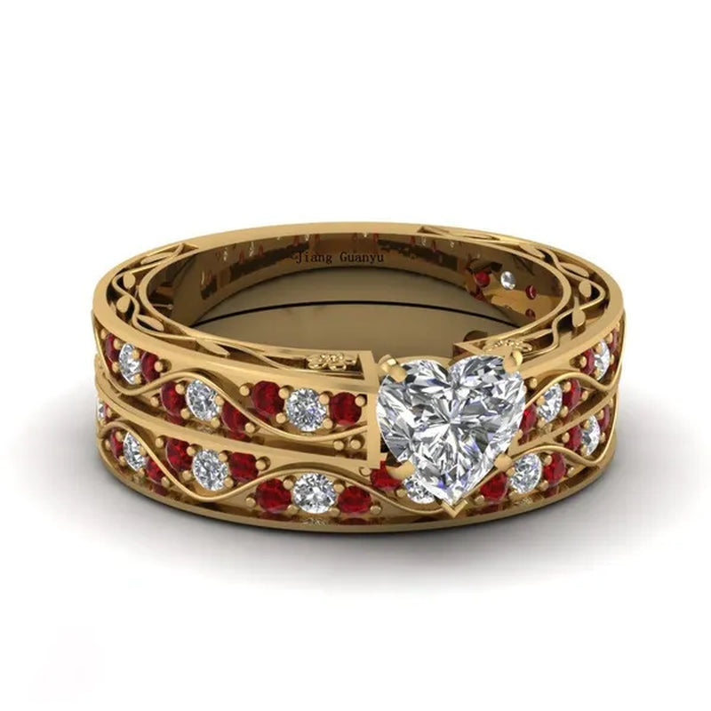 Sz 6-9 Cocktail Ring Champagne Gold Heart Zircon Ruby Women's Wedding Ring Engagement Ring Sets