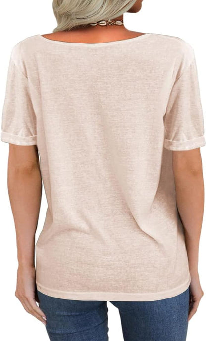 Women Fashion Deep V-Neck Short Sleeve Tops Solid Casual Loose Basic T Shirt