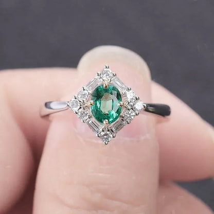 Oval Cut Emerald Engagement Ring Art Deco Ring Halo round and Baguette Diamond Vintage White Gold Wedding Ring Unique Anniversary Art Deco Size 5-11 Bague Femme