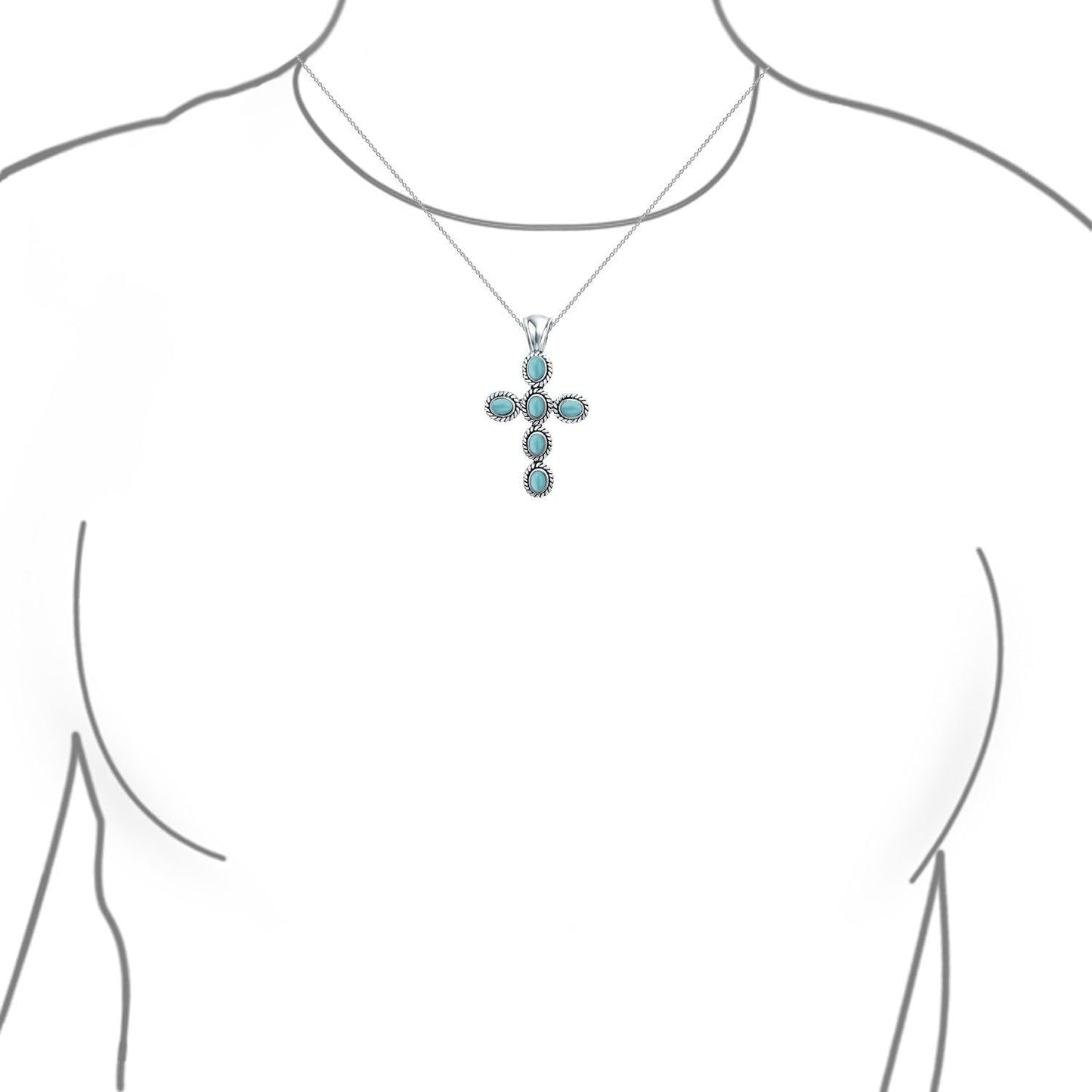 South Western Style Stabilized Turquoise Rope Bezel Set Cross Pendant Necklace for Women .925 Sterling Silver More Colors