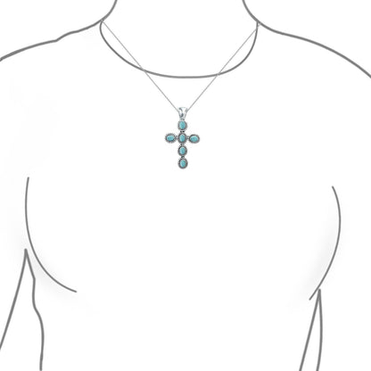 South Western Style Stabilized Turquoise Rope Bezel Set Cross Pendant Necklace for Women .925 Sterling Silver More Colors