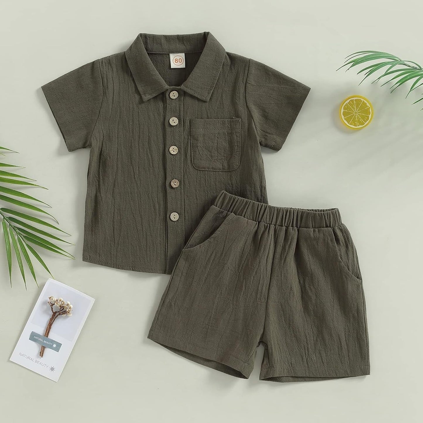 Baby Boy Cotton Linen Shorts Set Solid Color Short Sleeve Button down T-Shirt Tops and Shorts Summer Outfit Clothes