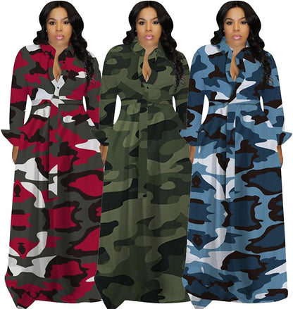 Women'S Long Sleeve V Neck Long Maxi Dress Loose African Floral Print a Line Skirt Dresses plus Size with Belt