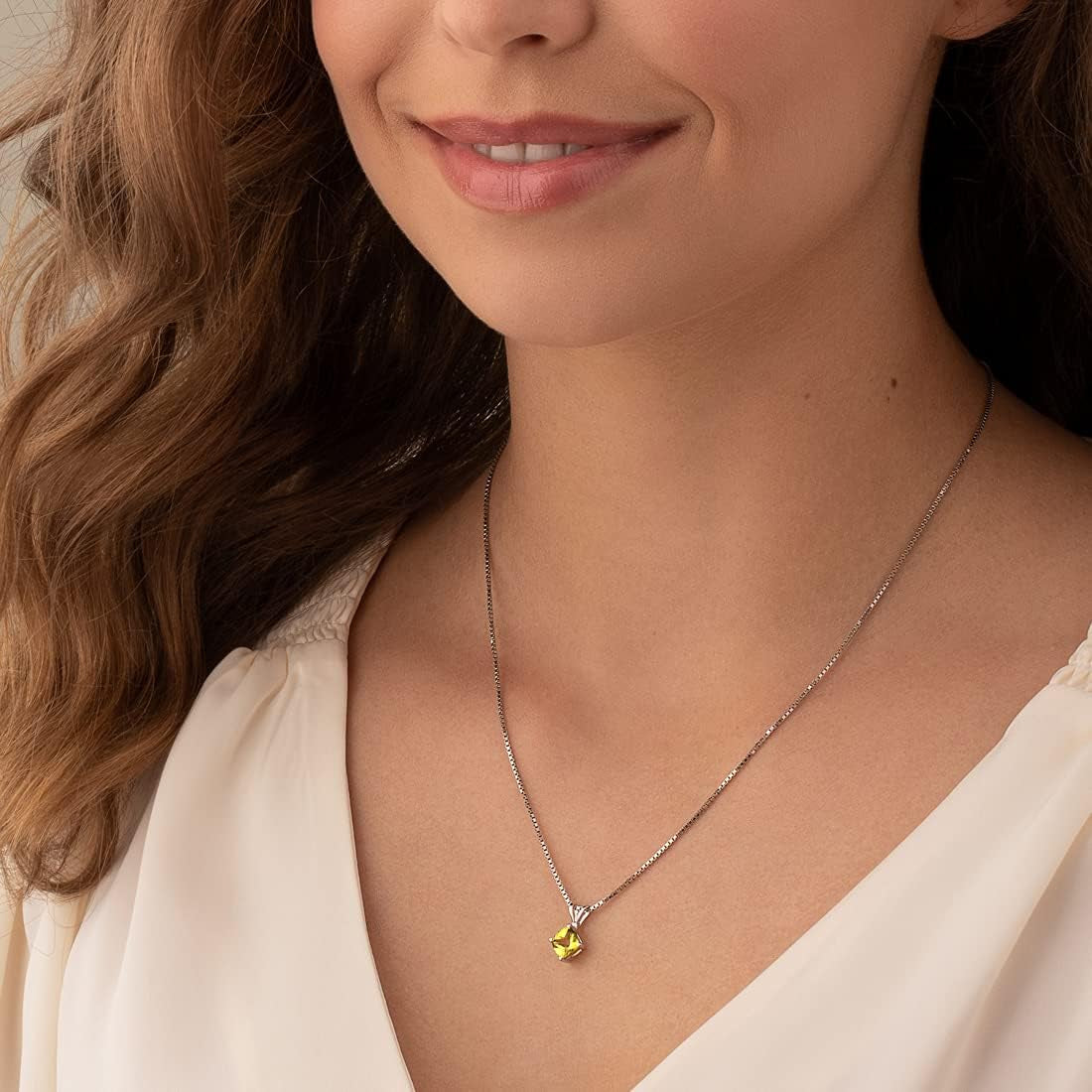 Solid 14K White Gold Peridot Pendant for Women, Genuine Gemstone Birthstone Classic Solitaire, Cushion Cut, 6Mm, 1 Carat Total