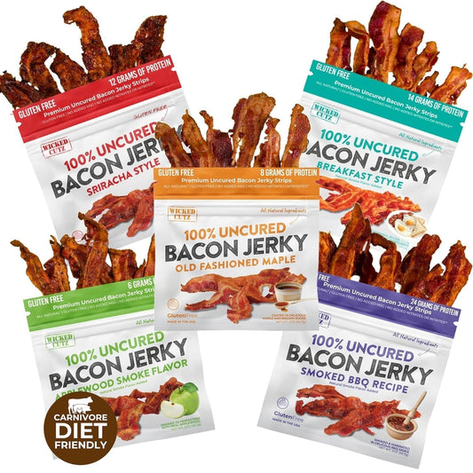 Bacon Jerky Variety Pack, Tender, Flavorful, Easy to Chew Bacon Jerky with up to 24G Protein per Bag, Gift Basket for Men, Unique Gifts for Men, Food Gifts (5 Bags) - WORLD TIME VISITS