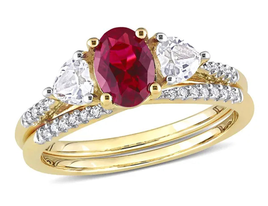 1.90 Carat (Ctw) Lab-Created Ruby and White Sapphire Bridal Engagement Wedding Ring Set 10K Yellow Gold - WORLD TIME VISITS