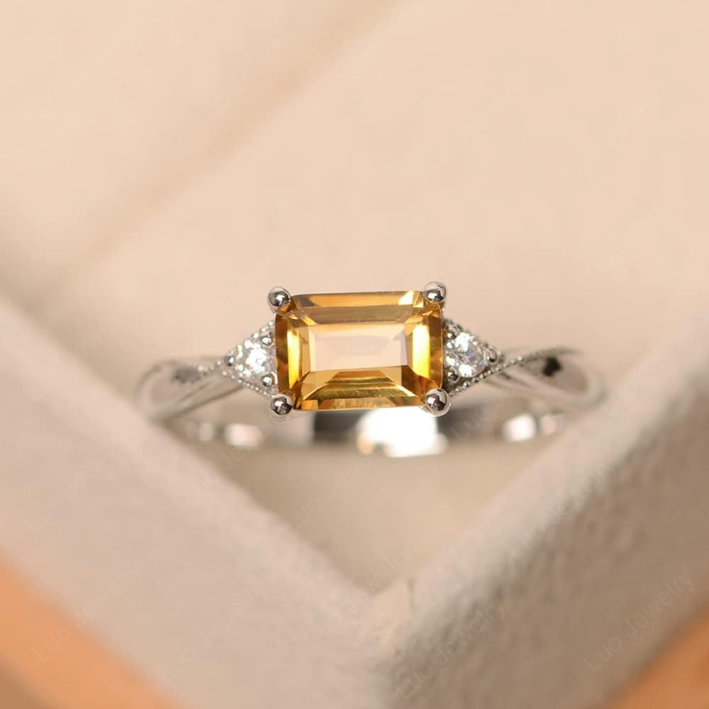 925 Sterling Silver Emerald Cut 7X5 MM Gemstone Ring East West Dainty Promise Ring for Women - WORLD TIME VISITS