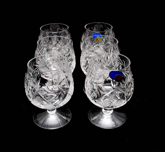 Set of 6 Russian Cut Crystal Cognac/Brandy Snifters Handmade - WORLD TIME VISITS