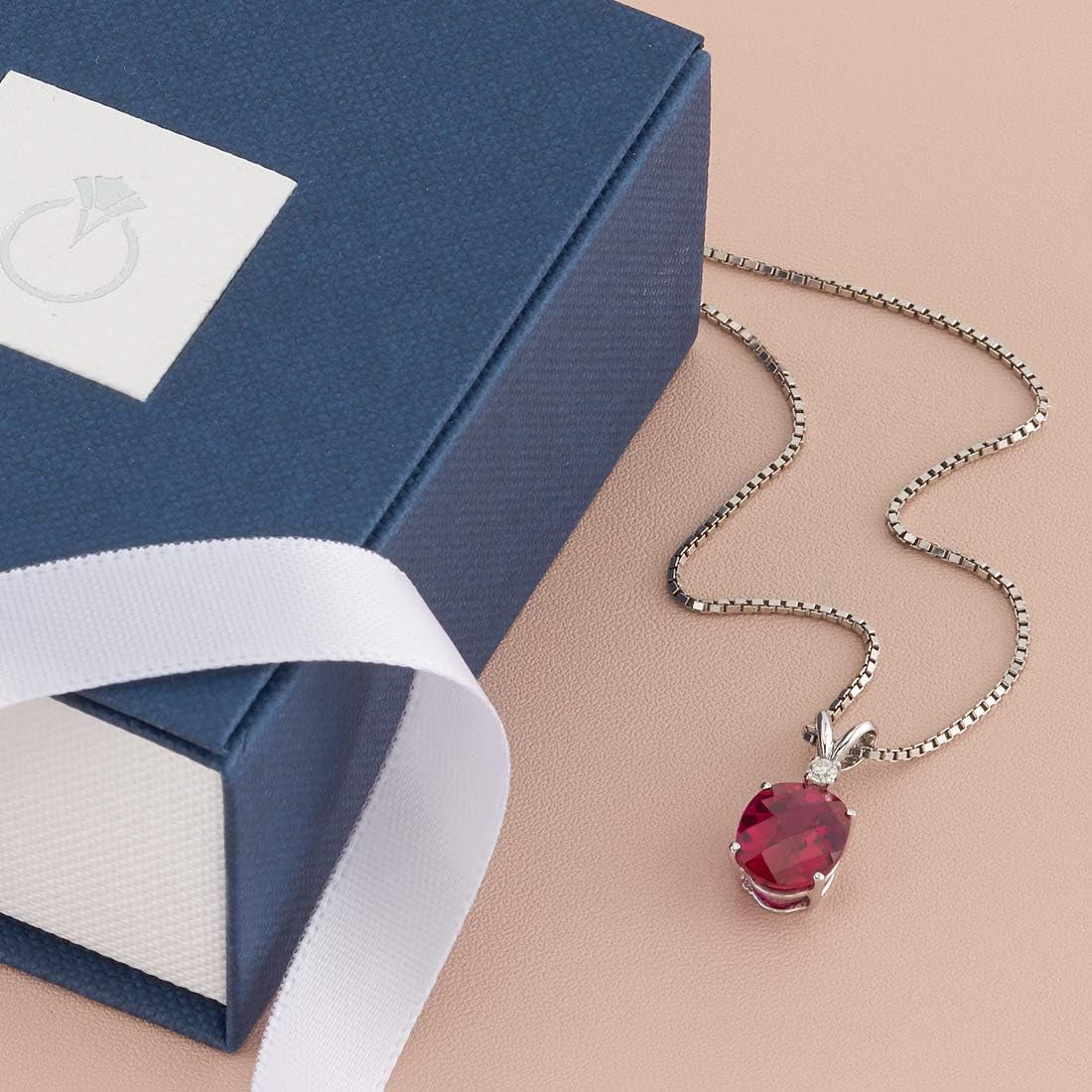 Created Ruby with Genuine Diamond Pendant in 14K White Gold, Elegant Solitaire, Oval Shape, 10X8Mm, 3.50 Carats Total, Sparkling V-Day Gift, Women Gift Ideas W/Jewelry Box