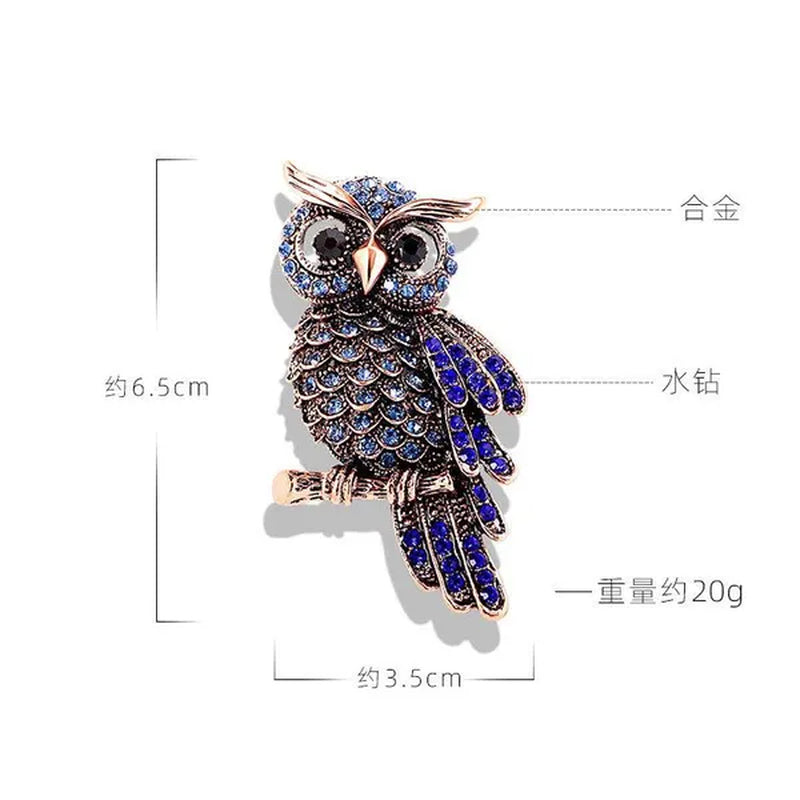 Luxury Diamond Blue Owl Brooch Pin Women's Fashion Clothing Pin Accessories Retro Owl Brooch