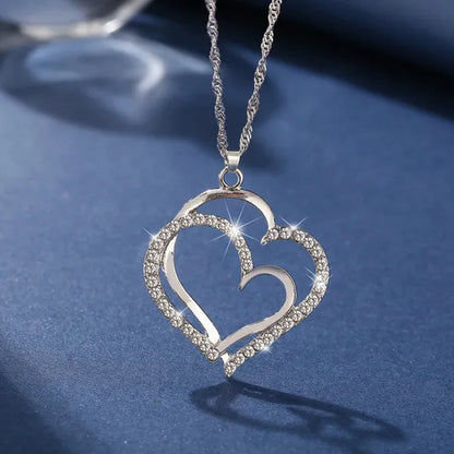 Classic Diamond Crystal Heart Pendant Necklace and Earrings Set Wedding Party Jewelry Set for Women
