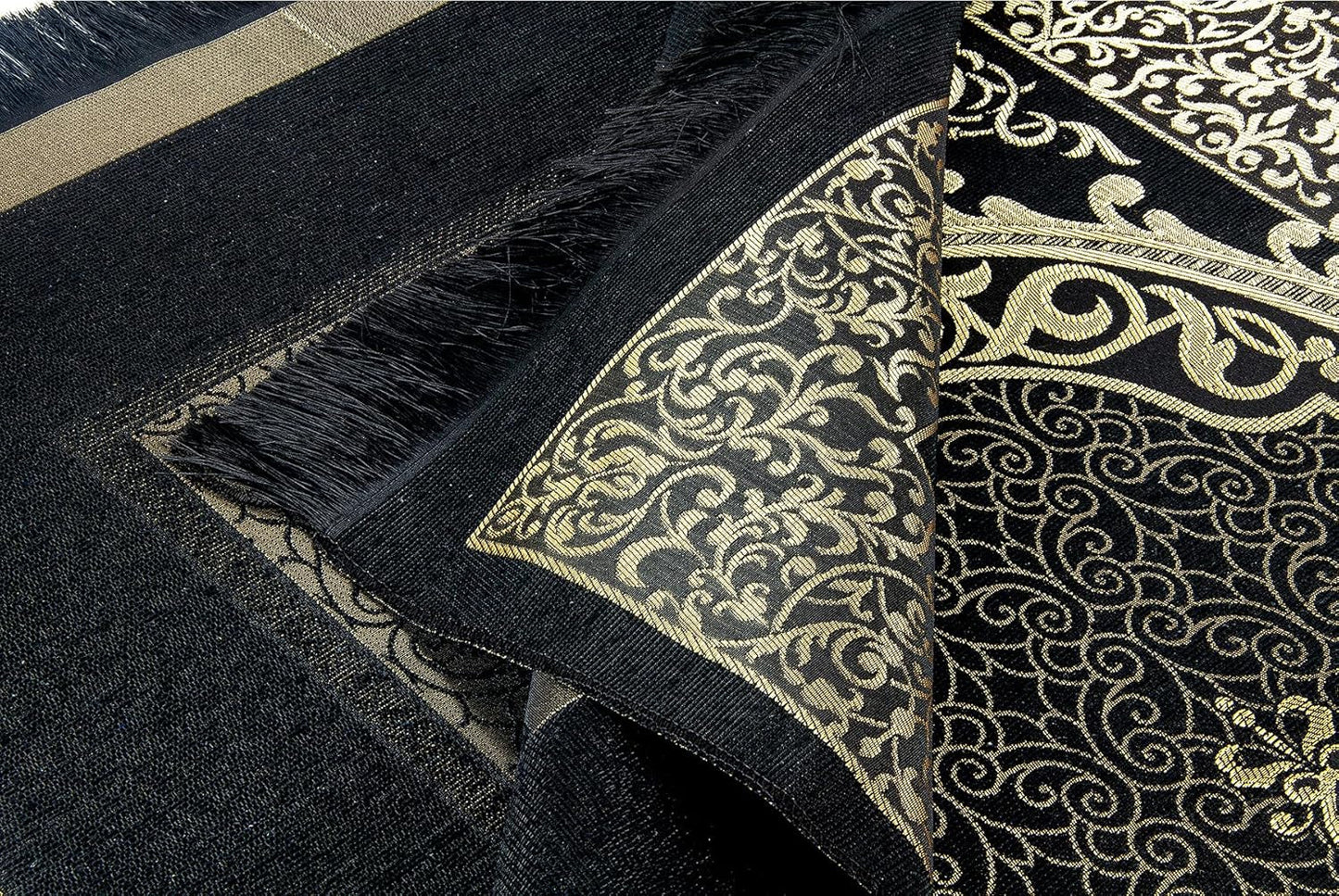Muslim Prayer Rug and Prayer Beads with Elegant Design Cylinder Gift Box, Janamaz, Sajadah, Soft Islamic Gifts Set, Carpet Mat, Taffeta Fabric, Black