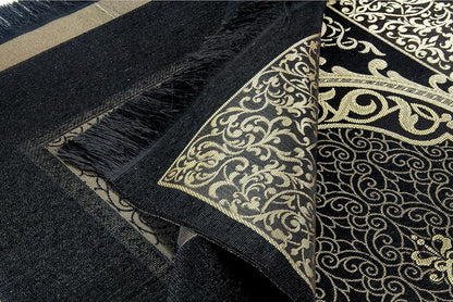 Muslim Prayer Rug and Prayer Beads with Elegant Design Cylinder Gift Box, Janamaz, Sajadah, Soft Islamic Gifts Set, Carpet Mat, Taffeta Fabric, Black