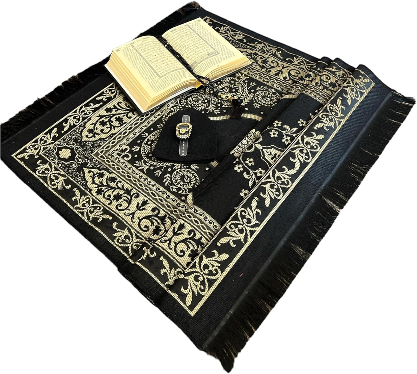 Gift Set for Islam | Holy Quran,Prayer Mat,Portable Digital Zikirmatic,Kufi Hat,Beads | Hajj Present for Wedding,Umrah,Special Day | Great Ramadan Gifts for Muslim Men,Women(Black, English)