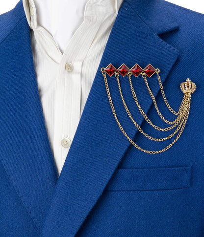 Brooch Pin Diamond Cut Red Stone Bar with Hanging Chains and Gold Crown Lapel Pin Accessories for Men Women