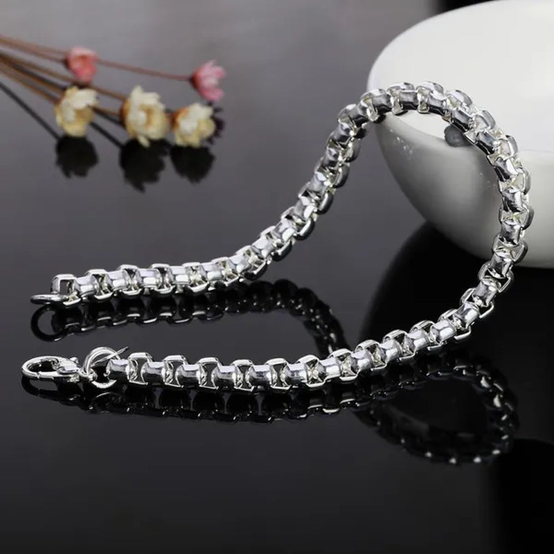 Solid 925 Sterling Silver Italian 5mm Square Rolo Link Round Box Chain Bracelet for Men Jewelry