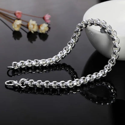 Solid 925 Sterling Silver Italian 5mm Square Rolo Link Round Box Chain Bracelet for Men Jewelry