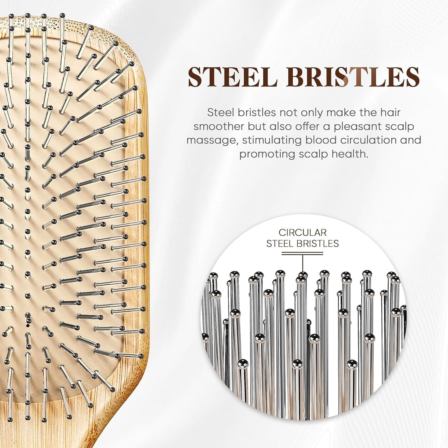 Bamboo Hair Brush with Steel Bristles, Help Hair Growth and Massaging Scalp - WORLD TIME VISITS