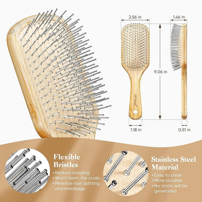 Bamboo Hair Brush with Steel Bristles, Help Hair Growth and Massaging Scalp